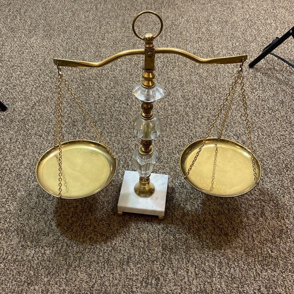 VTG, Marble Footed Base Crystal And Brass Elegant Gold and Crystal Balance Scale